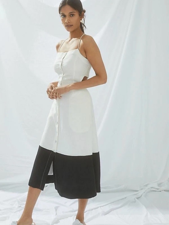 Anthropologie Dresses & Skirts - Anthropologie Maeve Linen Blend Colorblocked Contrast Midi Dress. Tie at neck. M